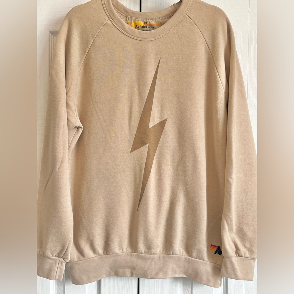 Aviator Nation Crewneck Sweatshirt Lightning Bolt in Sand//Mocha - unisex XL